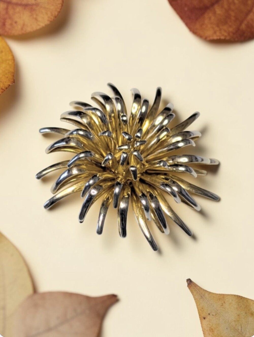 Two-Tone Multi Layered Flower Brooch Mid Century Spiky Starburst Pin
